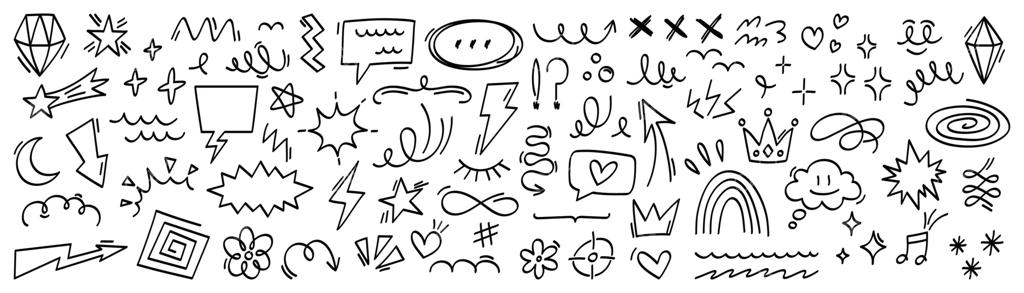 مجموعه‌ای از عناصر طراحی دستی. مجموعه آیکون‌های طراحی با فلش‌ها، ستاره‌ها، قلب‌ها، حباب‌های گفت‌وگو، تاج‌ها، ابرها، رعد و برق و نمادهای تزئینی انتزاعی بر روی زمینه سفید