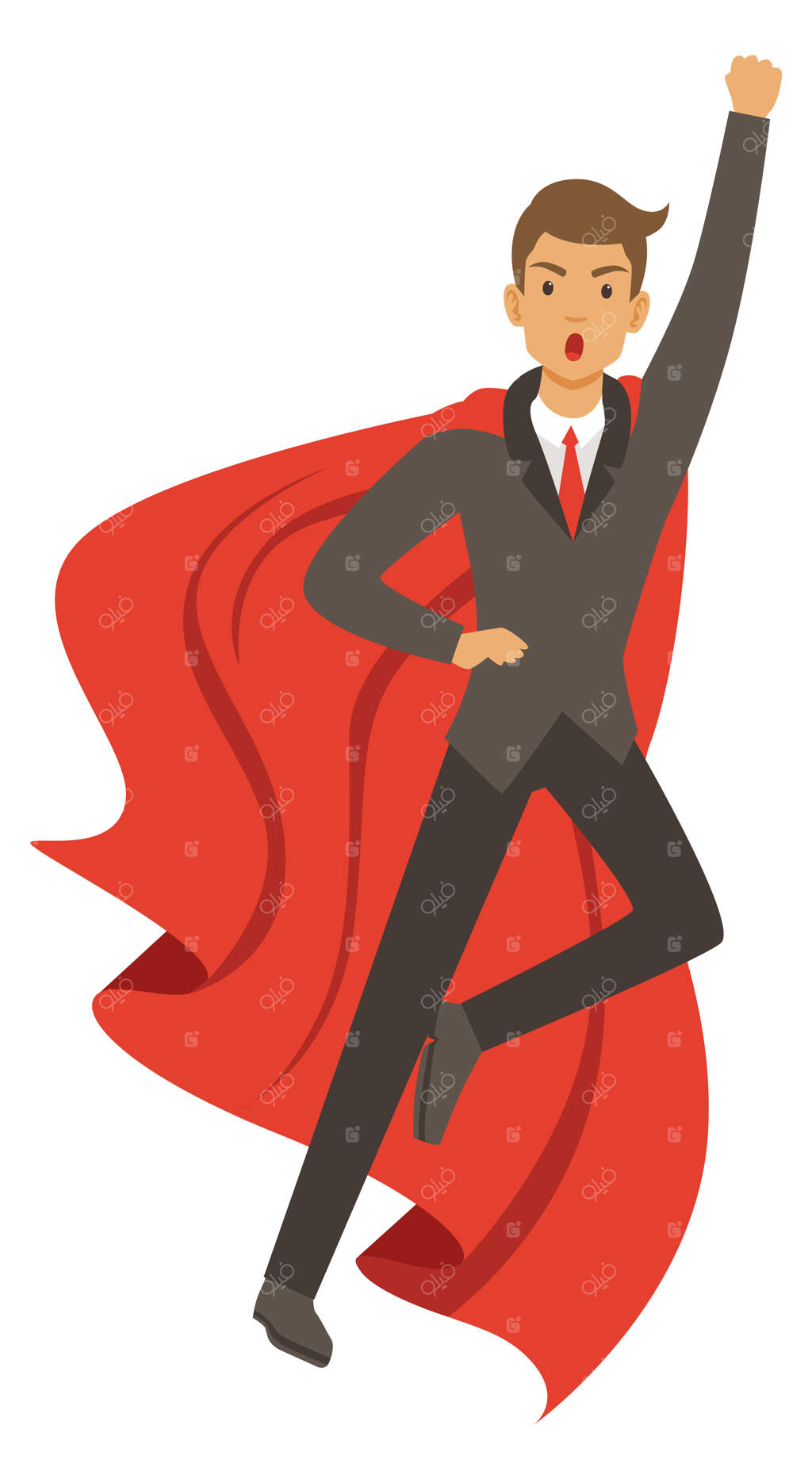 مرد قدرتمند در حال حرکت با ژست ابرقهرمانی - تاجر با شنل قرمز