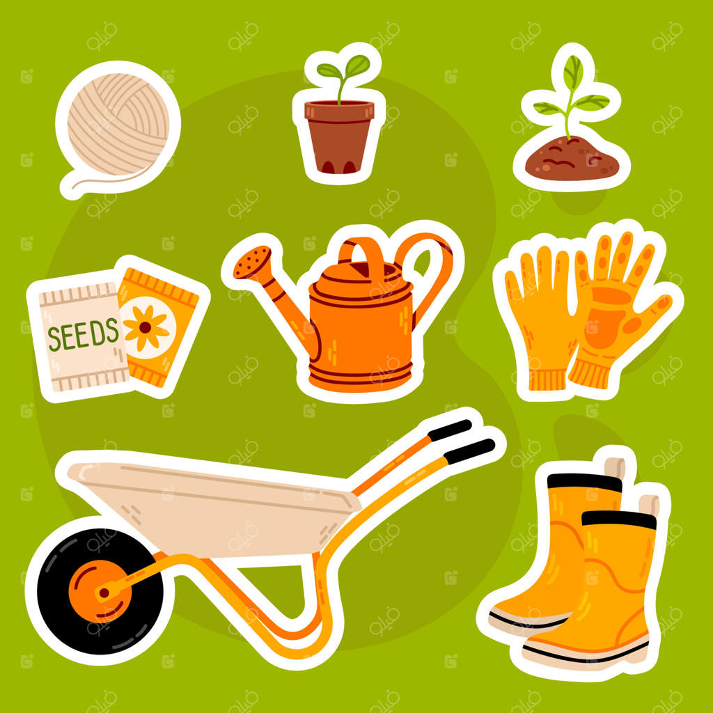 مجموعه‌ای از برچسب‌های تصویری با موضوع باغبانی شامل ابزار، گیاهان، فرغون، دستکش، چکمه، آبپاش و بسته‌های بذر. ایده‌آل برای برنامه‌ریزی باغ، پروژه‌های دستی و دکوراسیون خانه.
