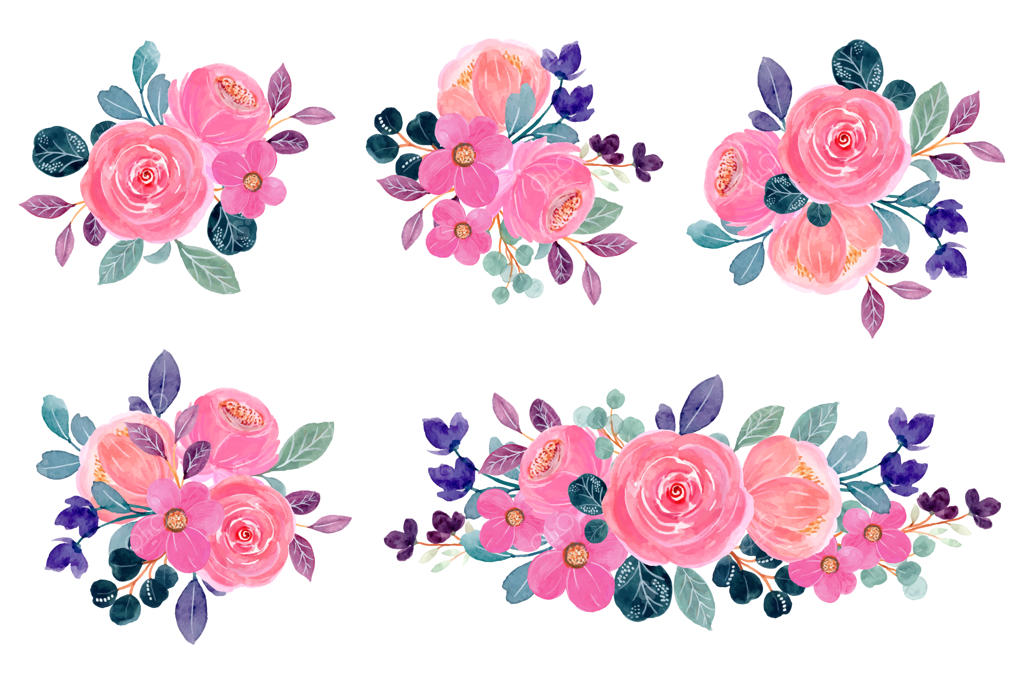 مجموعه چیدمان گل‌های صورتی با آبرنگ