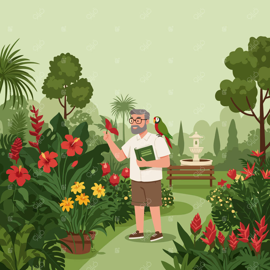 گشت‌و‌گذار فردی در باغ گرمسیری با طوطی و گیاهان گلدار