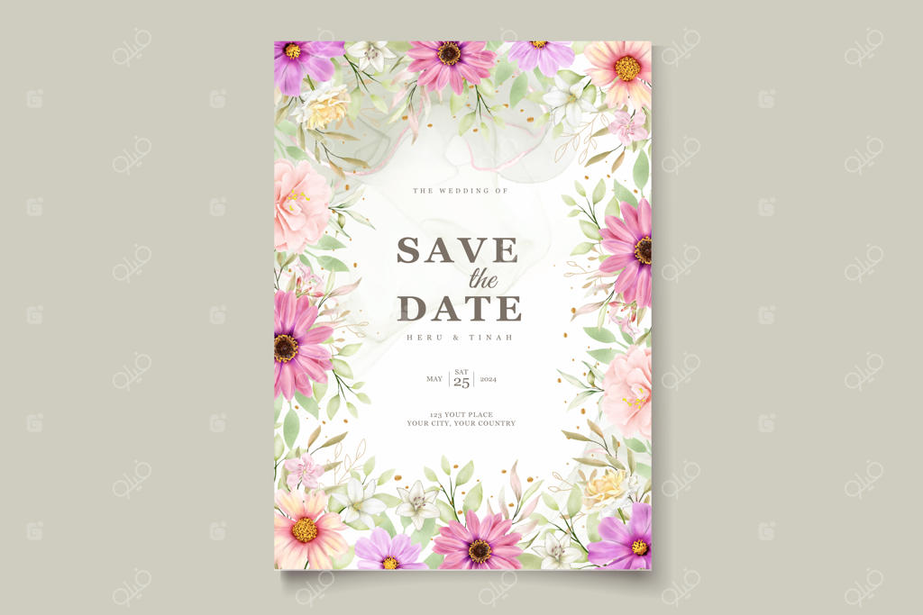 کارت دعوت عروسی با طرح گل داوودی در آبرنگ