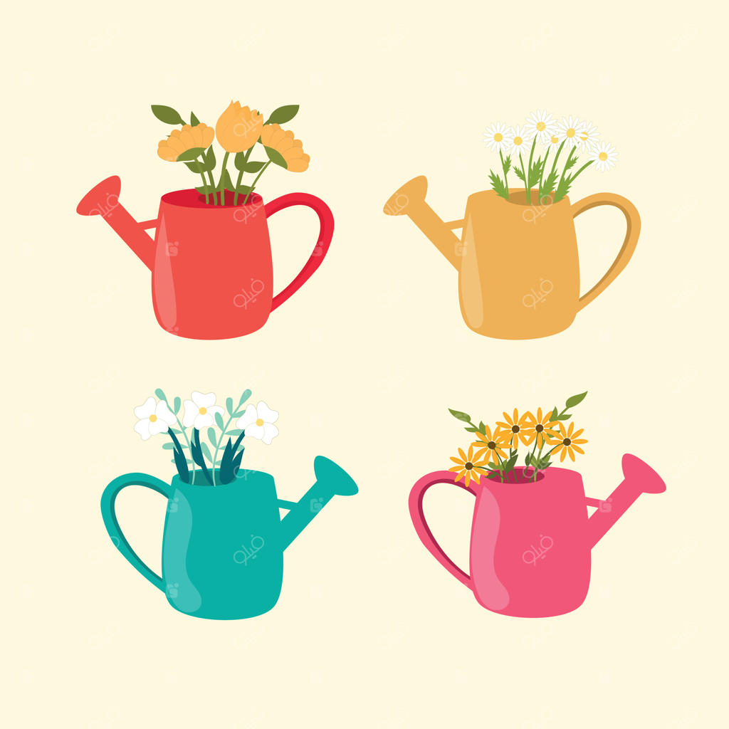 مجموعه بهاری آب‌پاش‌های باغچه با دسته‌های گل. تزئینات گل‌دار. آب‌پاش‌های باغ با گل‌های ظریف. تصویرسازی در رنگ‌های ملایم و سبک ساده.