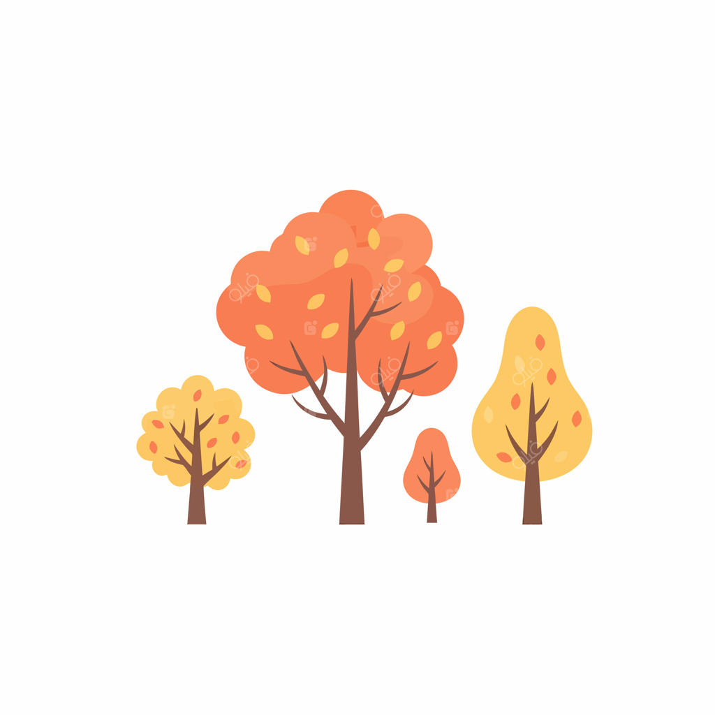 درختان پاییزی به سبک کارتونی، در اندازه‌ها و رنگ‌های متنوع.