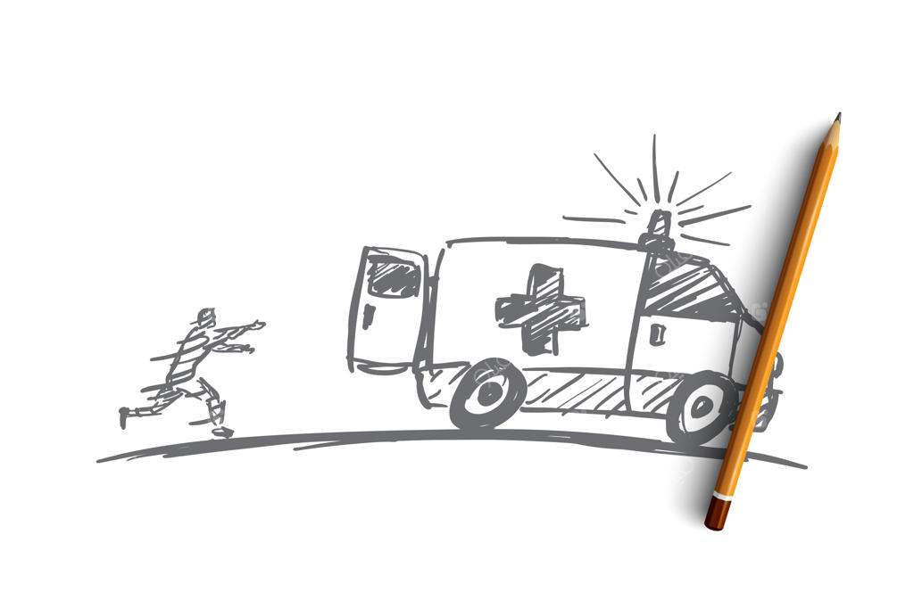 طرح مفهومی آمبولانس به صورت دستی با مداد طراحی شده است.