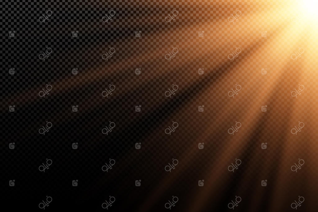 تأثیر نور طلایی شیک بر روی پس‌زمینه تاریک و شفاف. پرتوهای طلایی. نور در تاریکی. انفجار روشن. نور خورشید. نور انتزاعی.