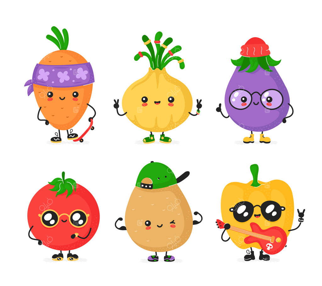 مجموعه‌ای شاد و بامزه از سبزیجات با لبخند. شخصیت‌های کارتونی مد روز.