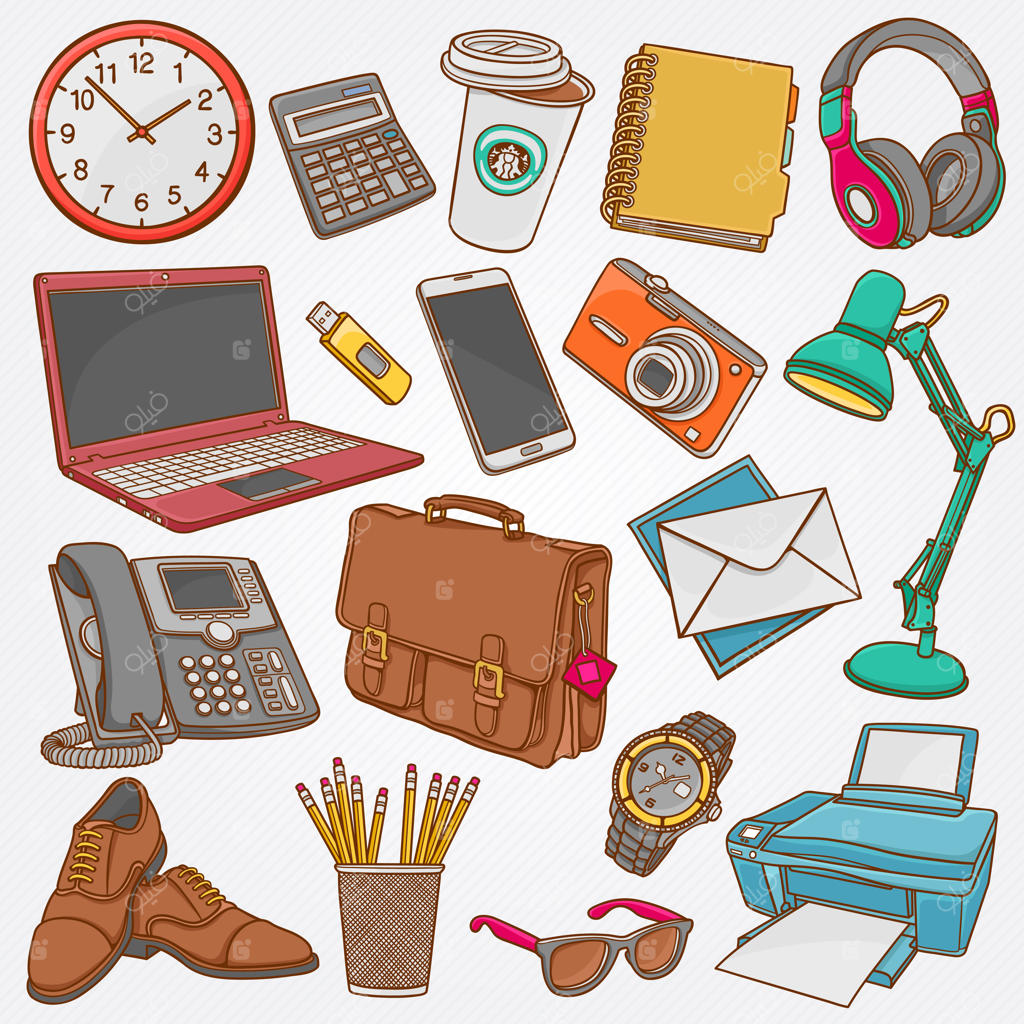 مجموعه‌ای از تصاویر وکتور شامل طراحی‌های دستی از وسایل تجاری و اداری