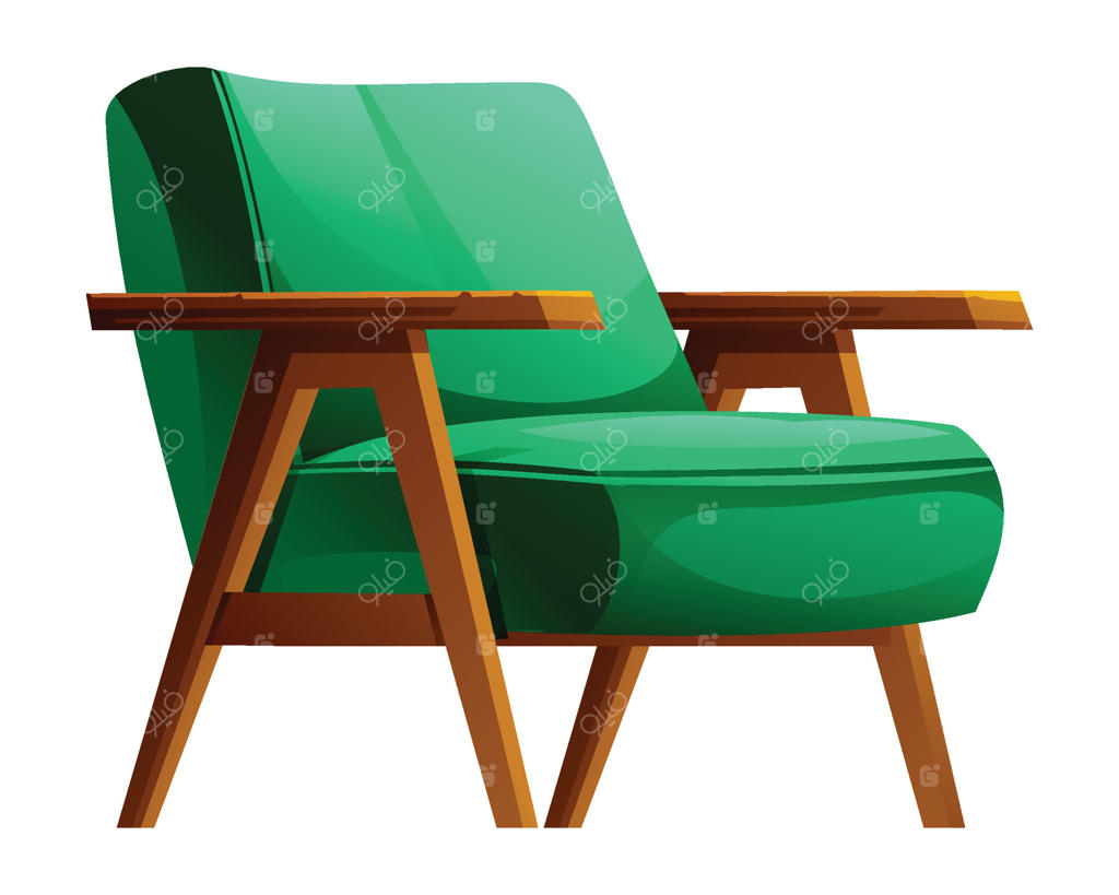 صندلی راحتی سبز مدرن با فریم چوبی، مناسب برای اتاق نشیمن شیک. تصویر کارتونی