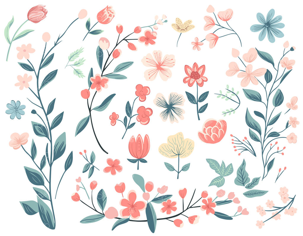 مجموعه گل های بهاری با گل رز، شاخه‌ها، برگ‌ها و دسته‌های گل زیبا و ترکیبات شکوفا.