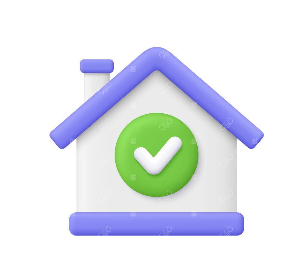 خانه سفید با سقف بنفش و نماد تیک سبز؛ مفهوم املاک، تأیید وام مسکن، ملک تأیید‌شده، مسکن امن و خرید موفق خانه، آیکون سه‌بعدی با سبک کارتونی مینیمال