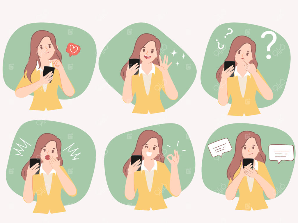 مجموعه‌ای از ژست‌های مختلف زن بیزینس‌من با استفاده از گوشی هوشمند (وکتور تخت)