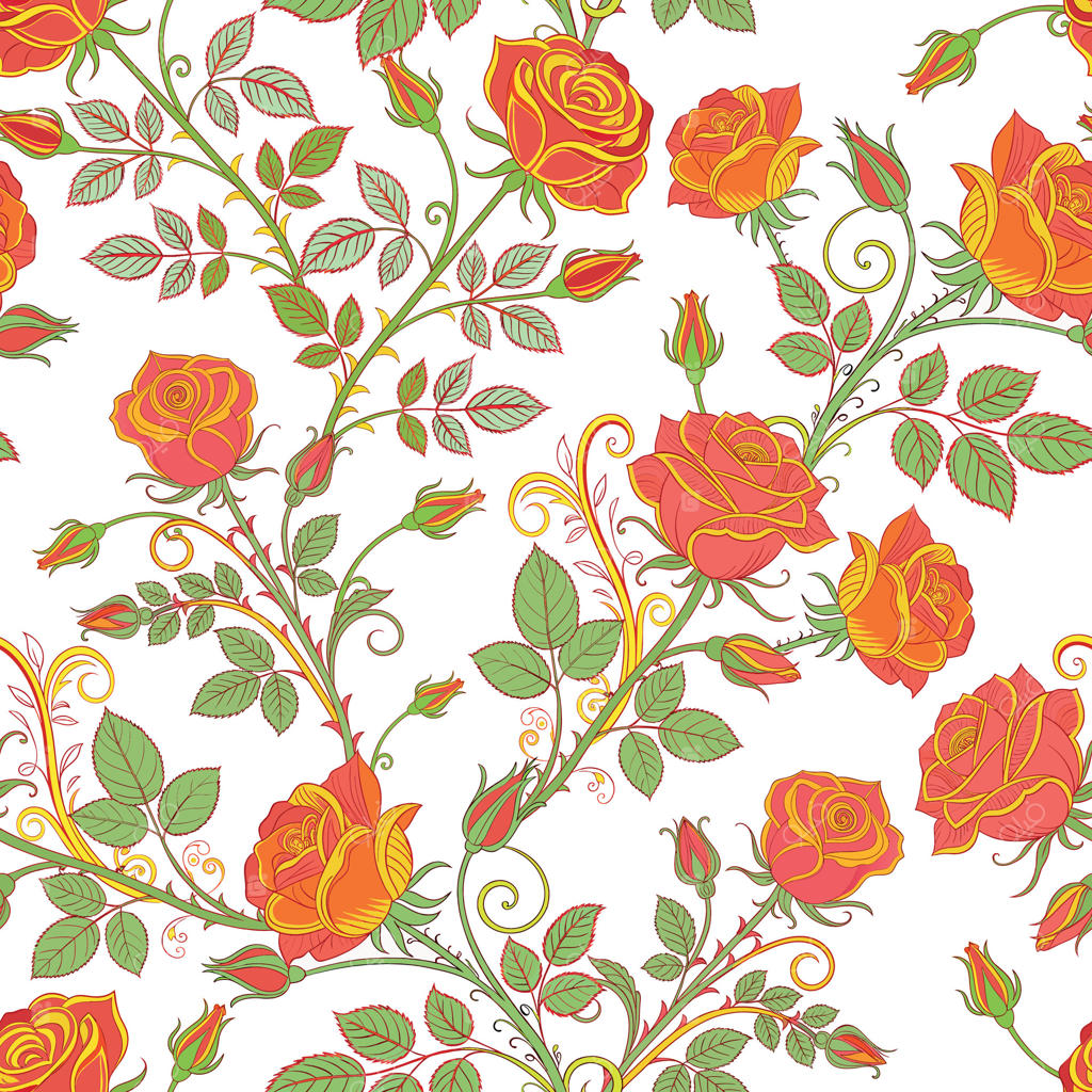 طرح گل‌آرایی با گل‌های رز درخشان و برگ‌های سبز (نسخه وکتور)