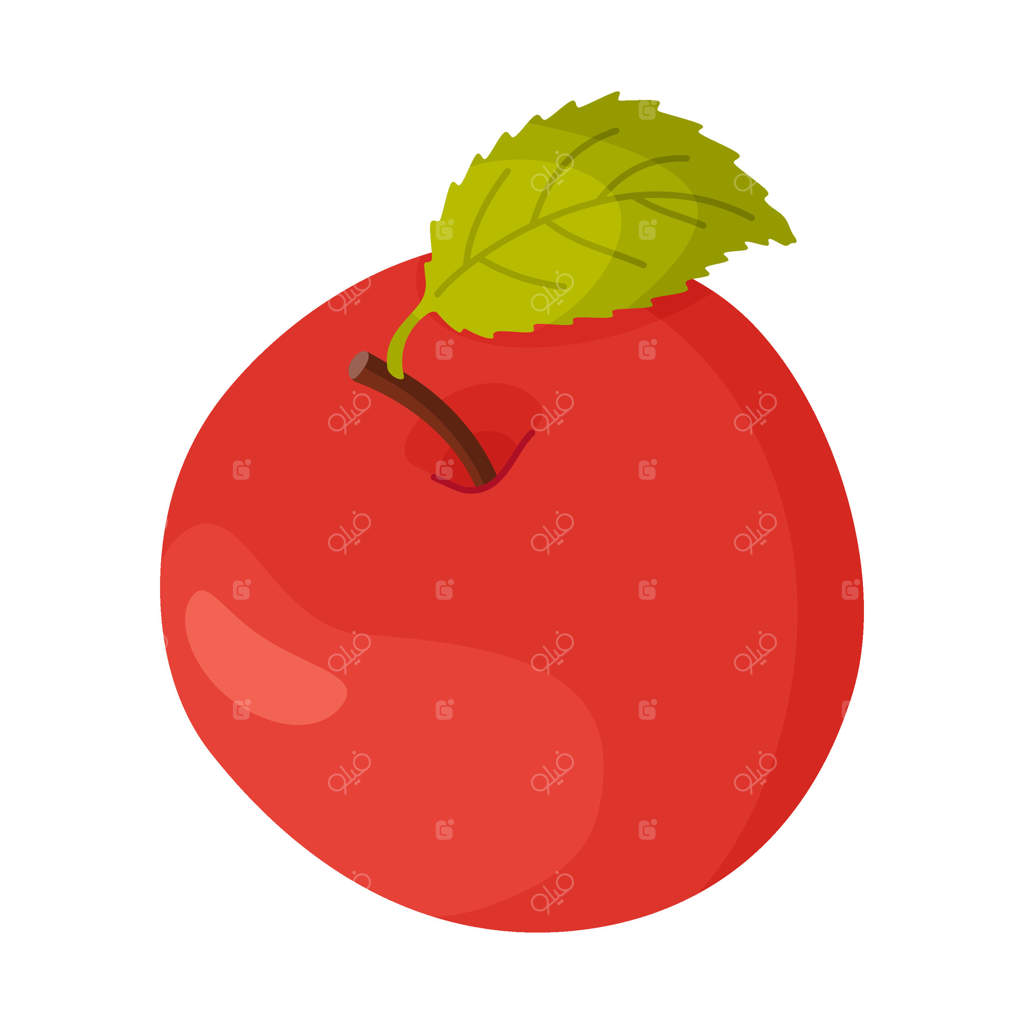 سیب قرمز و رسیده با برگ، میوه تازه باغ. تصویرسازی دستی از غذا. میوه کامل سیب با برگ سبز، سبک مسطح بر روی پس‌زمینه شفاف.