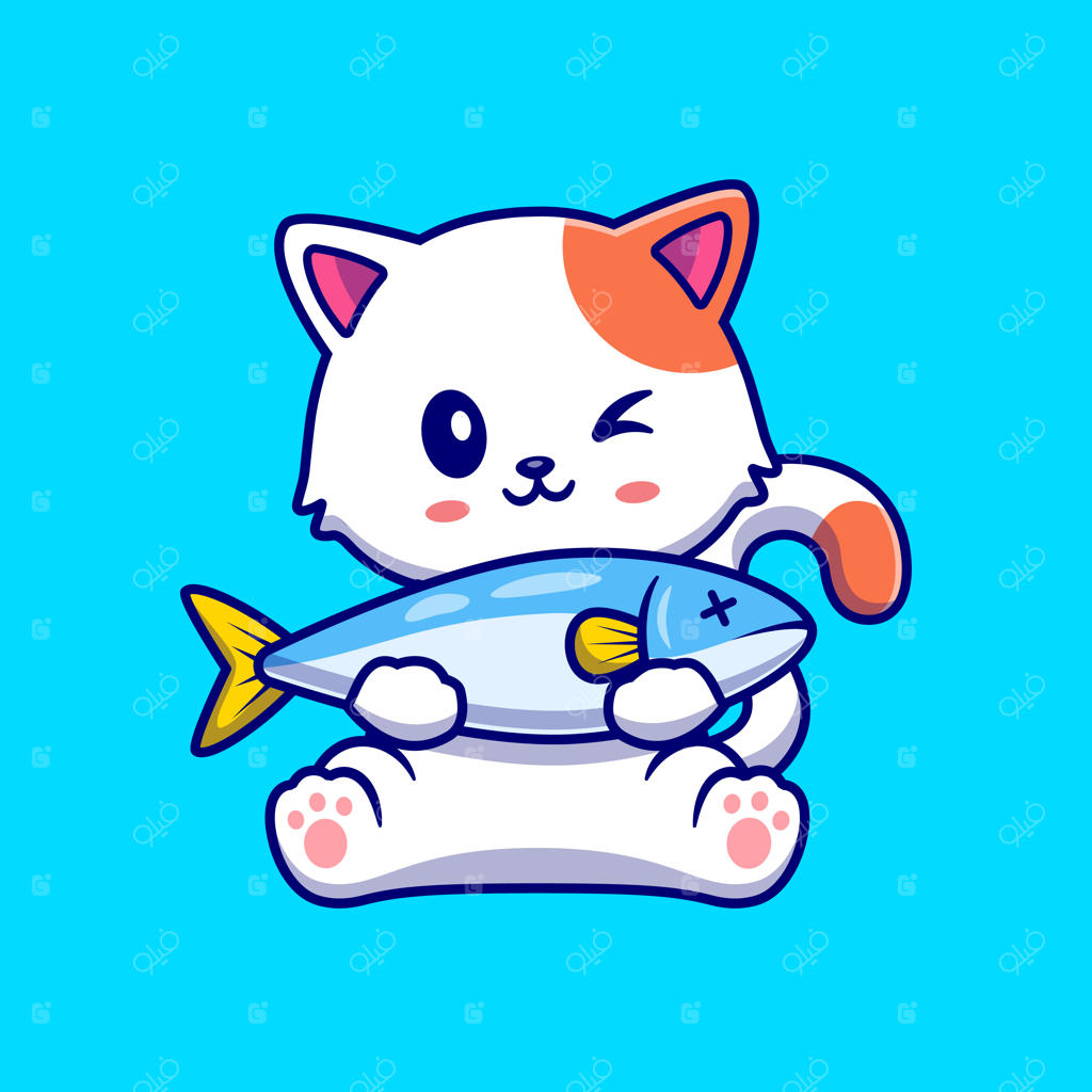 تصویر وکتور کارتونی گربه بامزه با ماهی. طرح آیکون غذای حیوانات به صورت وکتور پریمیوم. سبک کارتونی تخت