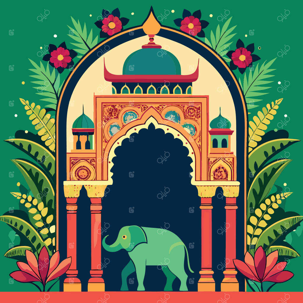 طاق باغ مغولی پیچیده با گیاهان تزئینی در ورودی یک معبد