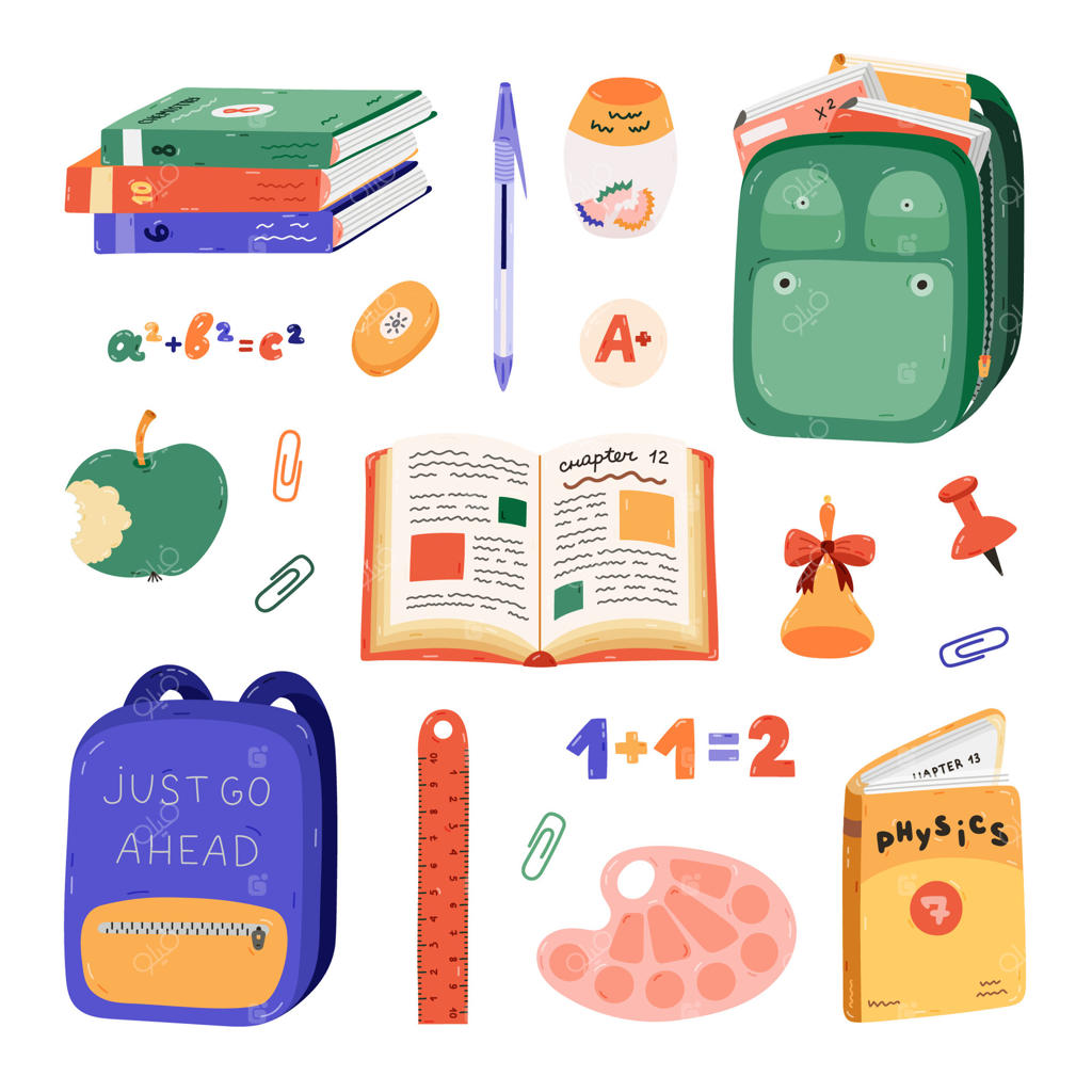 ست کارتون بامزه با وسایل مدرسه کودکان. مجموعه دستی از کیف مدرسه، کتاب درسی، لوازم‌التحریر، خوراکی، فرمول علمی، زنگ، پالت رنگ. کلیپ آرت بازگشت به مدرسه برای مطالعه، نقاشی و کار.