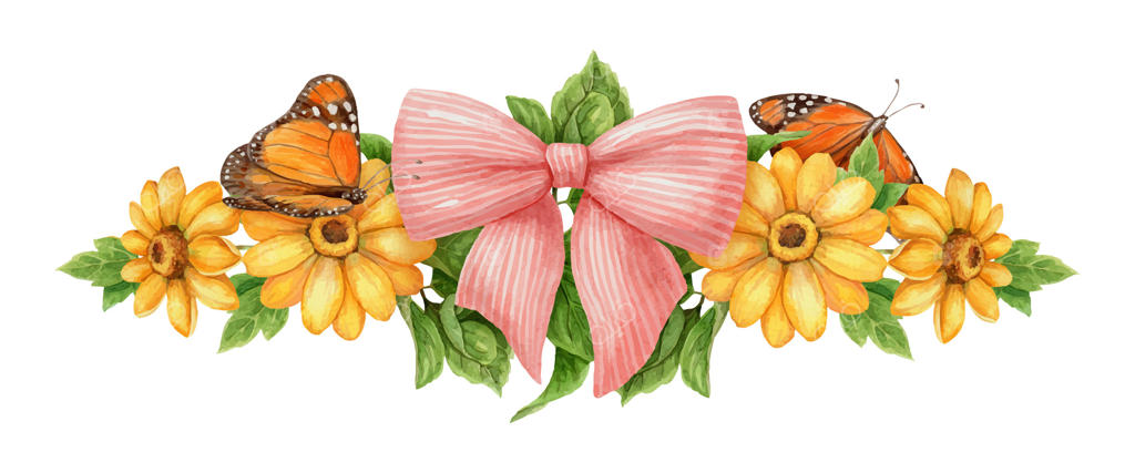 دسته گل بزرگی از گل‌های زرد با پروانه‌ها و پاپیون صورتی زیبا. نقاشی آبرنگ با طرح‌های گل و برگ. مناسب برای کارت‌های تابستانی و طراحی‌های فصل تعطیلات.