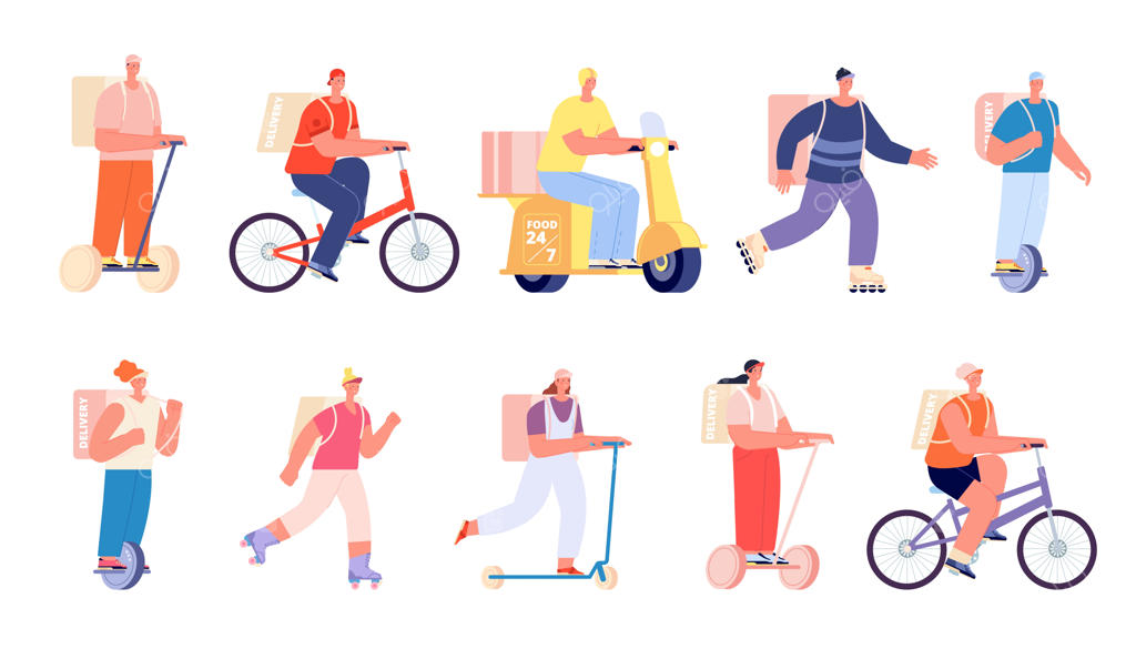 پیک غذای هوشمند: زن و مرد در حال کار در خدمات لجستیک آنلاین با دوچرخه‌سواری - مجموعه‌ای از شخصیت‌های متحرک و جداگانه