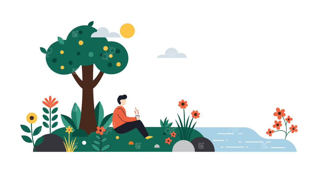 مردی نشسته زیر درخت در میان گل‌ها و گیاهان