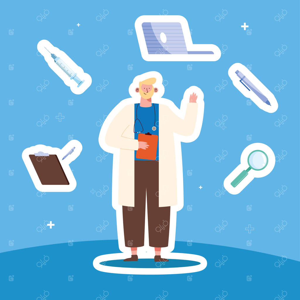 پزشک با نمادهای پزشکی