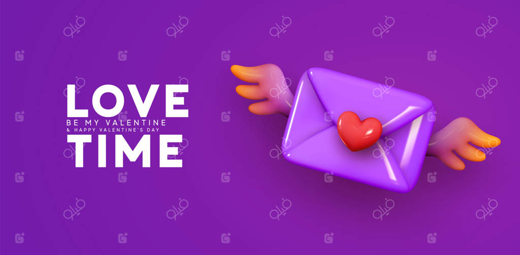 روز ولنتاین مبارک. پاکت کاغذی بنفش با بال‌های فرشته و قلب قرمز. پاکت نامه سه‌بعدی واقع‌گرایانه برای تبریک. پس زمینه‌ی بنفش جشن. نوشته‌ی "ولنتاین من باش". تصویرسازی وکتور