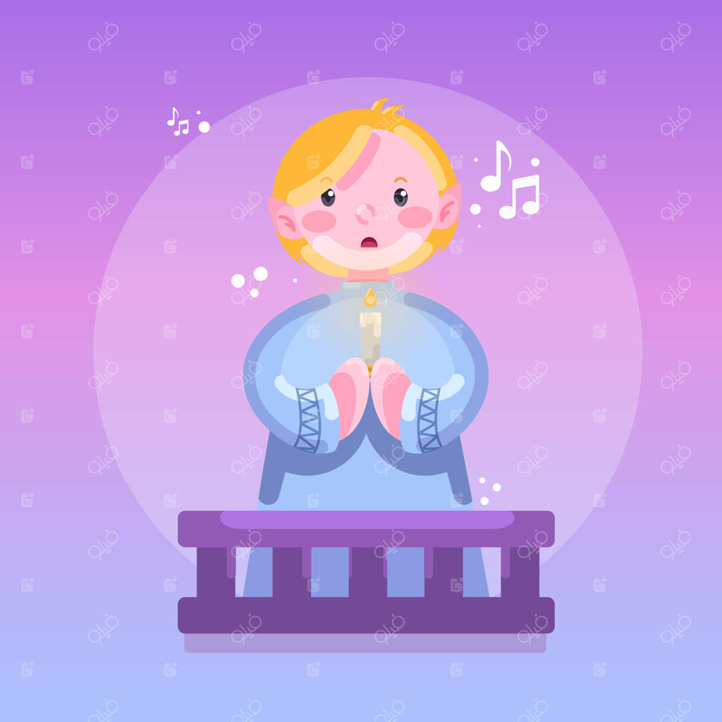 فرشتهٔ بلوند زیبا در حال آواز خواندن با لباس‌های بنفش و آبی