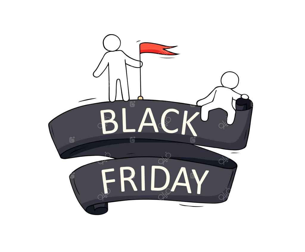 کارتون آدمک‌های کوچک با واژه‌های بزرگ بلک فرایدی. طراحی دستی برای بازاریابی، فروش و برچسب تخفیف.