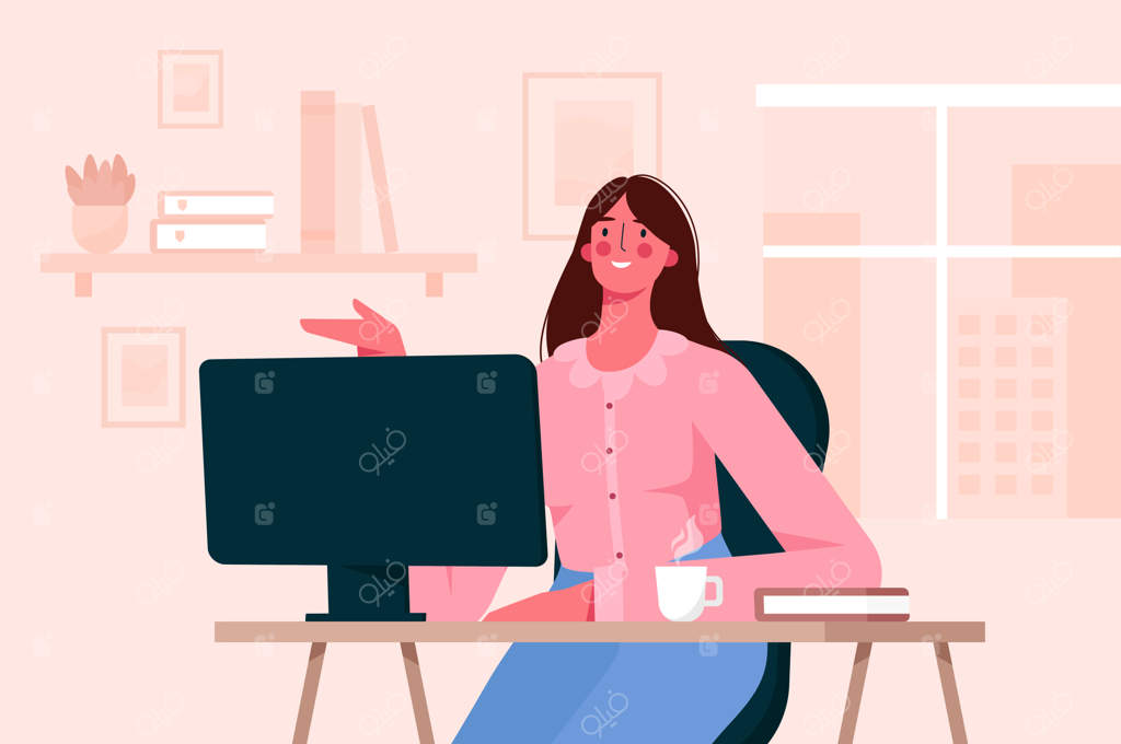 کار از راه دور و آموزش آنلاین: زنی در حال کار در خانه. دفتر خانگی. تصویرسازی ساده.