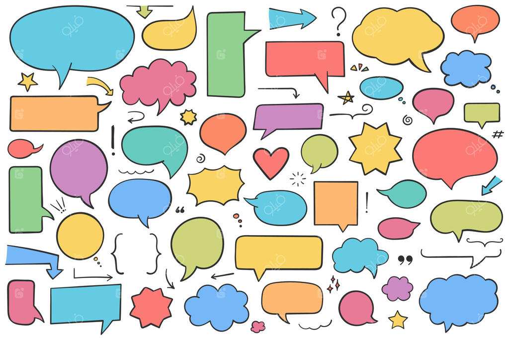 مجموعه‌ای از حباب‌های گفتاری، پیکان‌ها و عناصر طراحی دست‌کشیده با رنگ‌های جذاب برای متن سفید