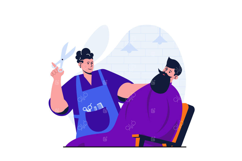 مفهوم مدرن آرایشگاه برای طراحی بنر وب - آرایشگر در حال کوتاه کردن مو و اصلاح صورت