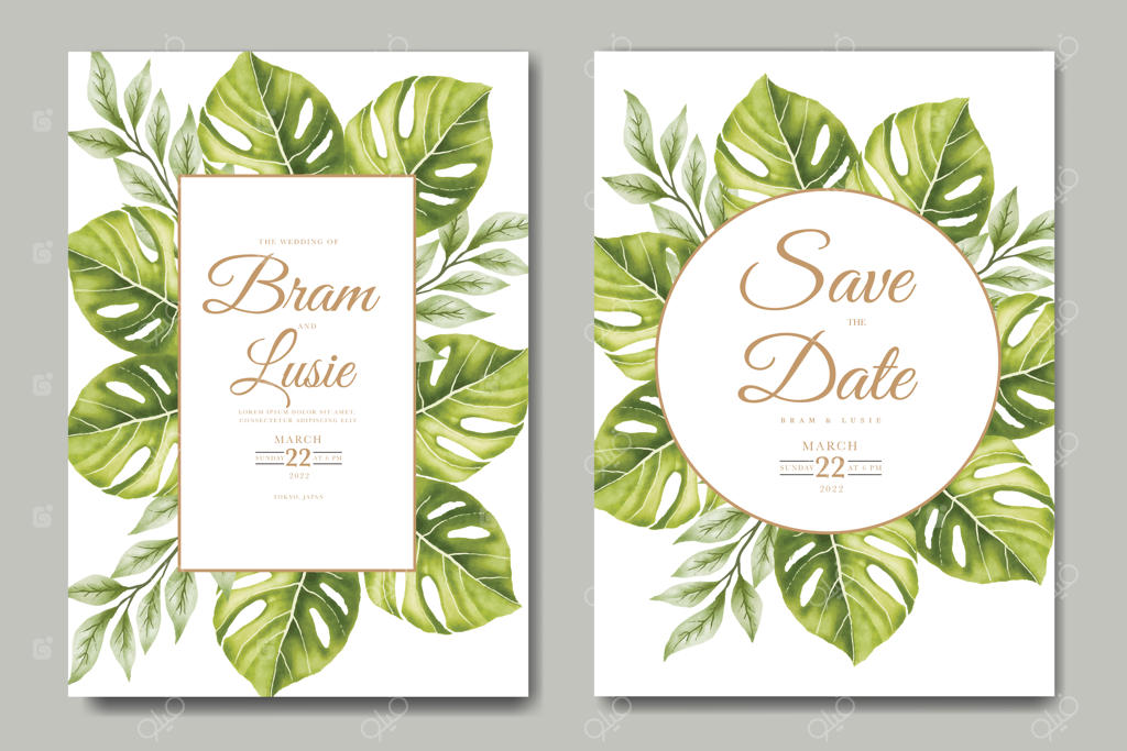 کارت دعوت عروسی با طرح برگ‌ های گل آبرنگی