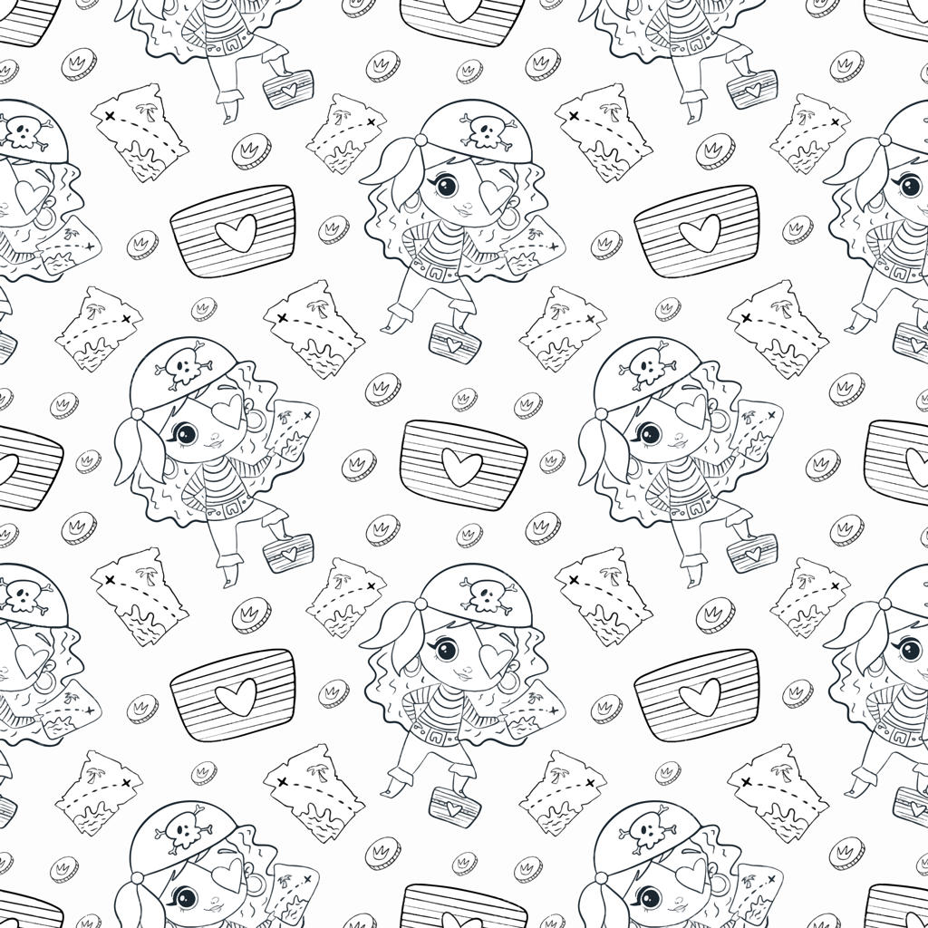 طرح بدون درز کارتون و نقاشی دختران دزد دریایی بامزه. صفحه رنگ‌آمیزی دزدان دریایی