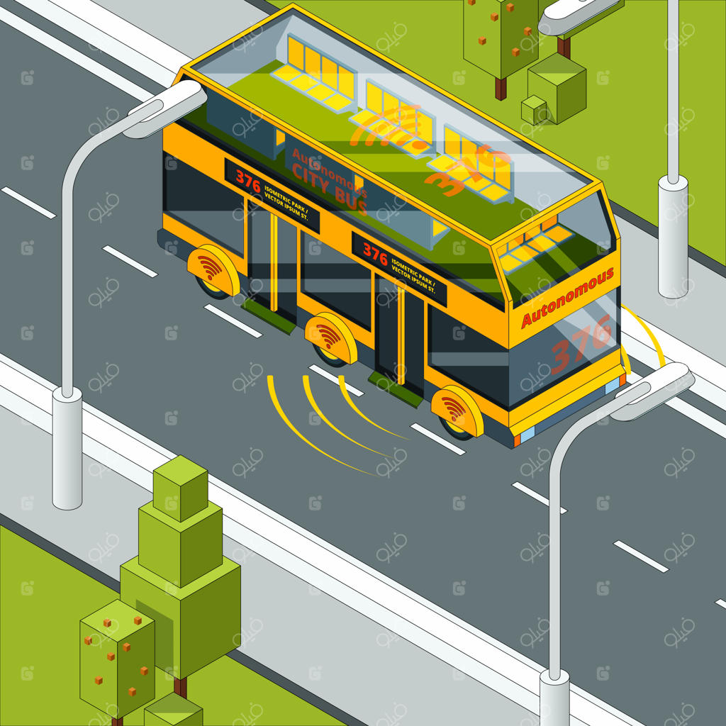 خودروی خودران: وسیله نقلیه خودمختار در جاده - تصویری از سیستم خودکنترلی در خودروی ایزومتریک