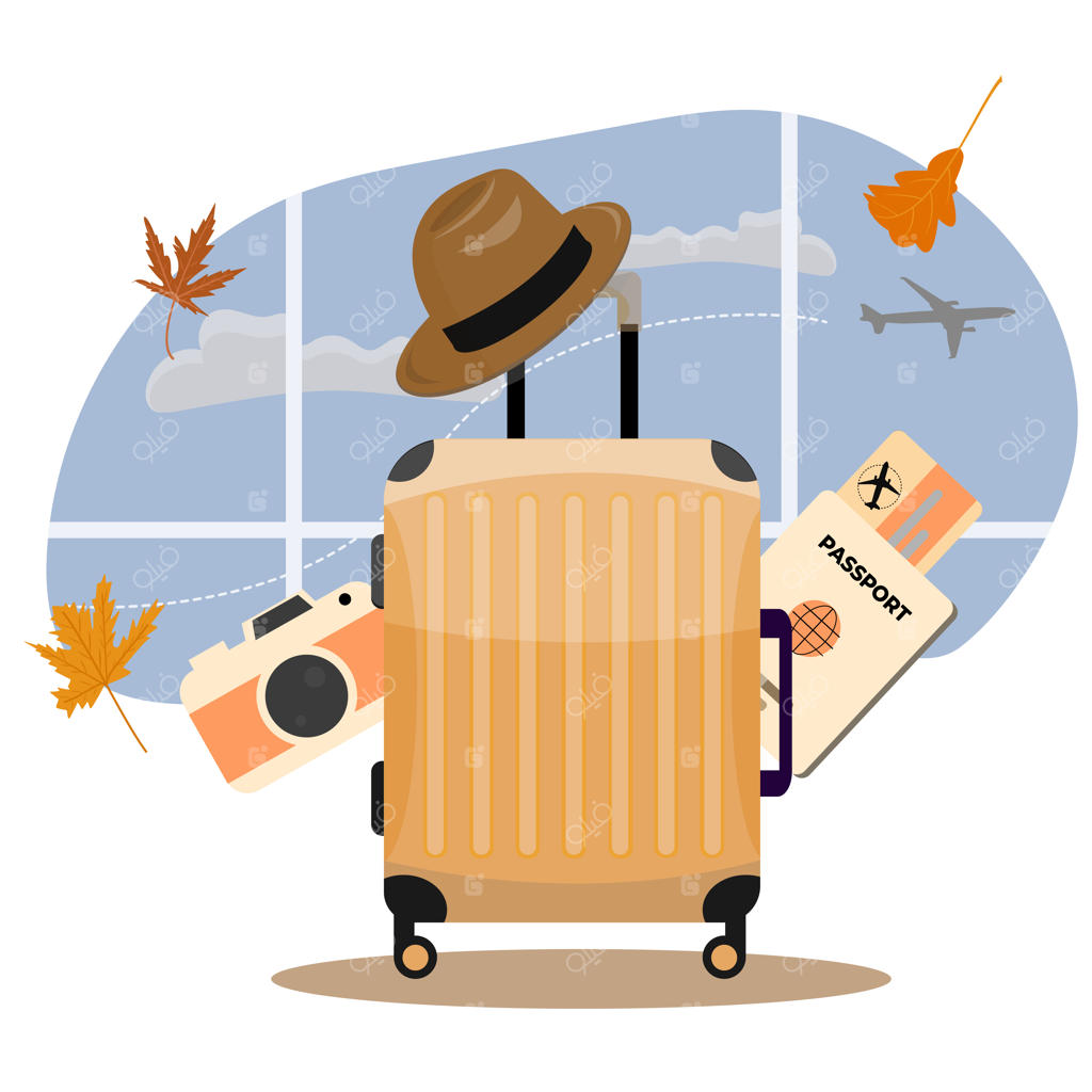 تصویرسازی وکتور تعطیلات پاییزی با چمدان و دوربین در فرودگاه