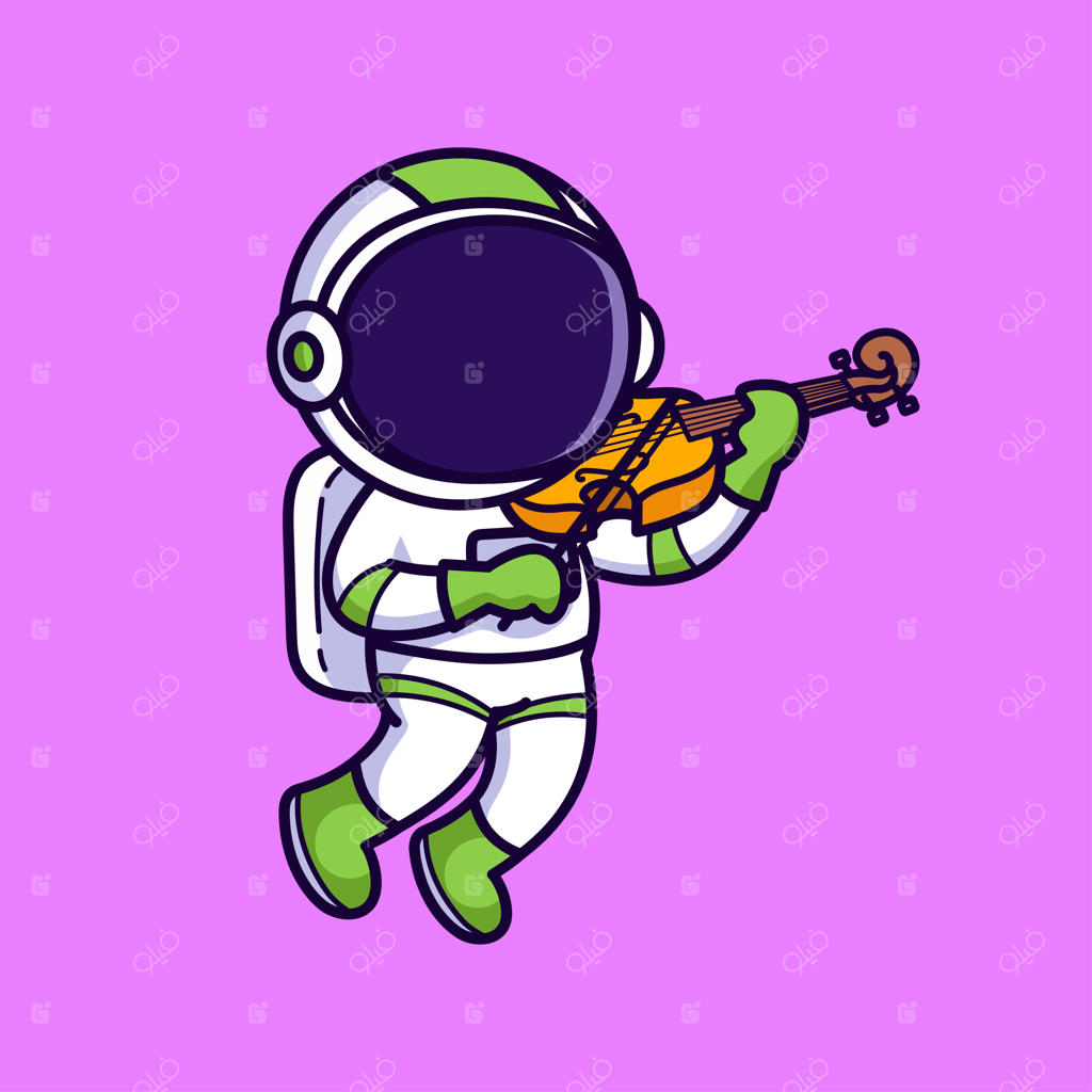 فضانورد بامزه در حال نواختن ویولن روی پس‌زمینه صورتی