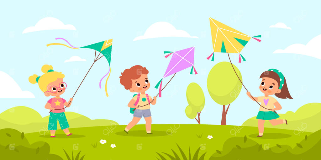 بچه‌ها بادبادک بازی می‌کنند: پرتاب اسباب‌بازی‌های هوایی در طبیعت، بازی‌ها و سرگرمی‌های دوستانه در پارک تابستانی، پسران و دختران با بادبادک‌های رنگارنگ و هدایت شونده