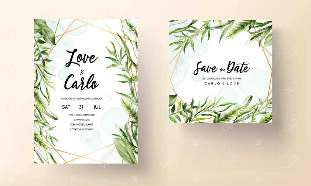 قالب کارت دعوت عروسی با طرح زیبای برگ‌های سبز