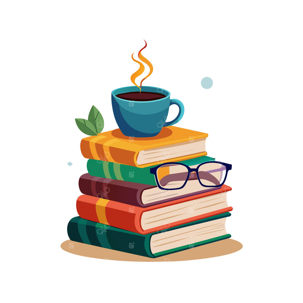 یک دسته کتاب با یک فنجان قهوه روی آن‌ها