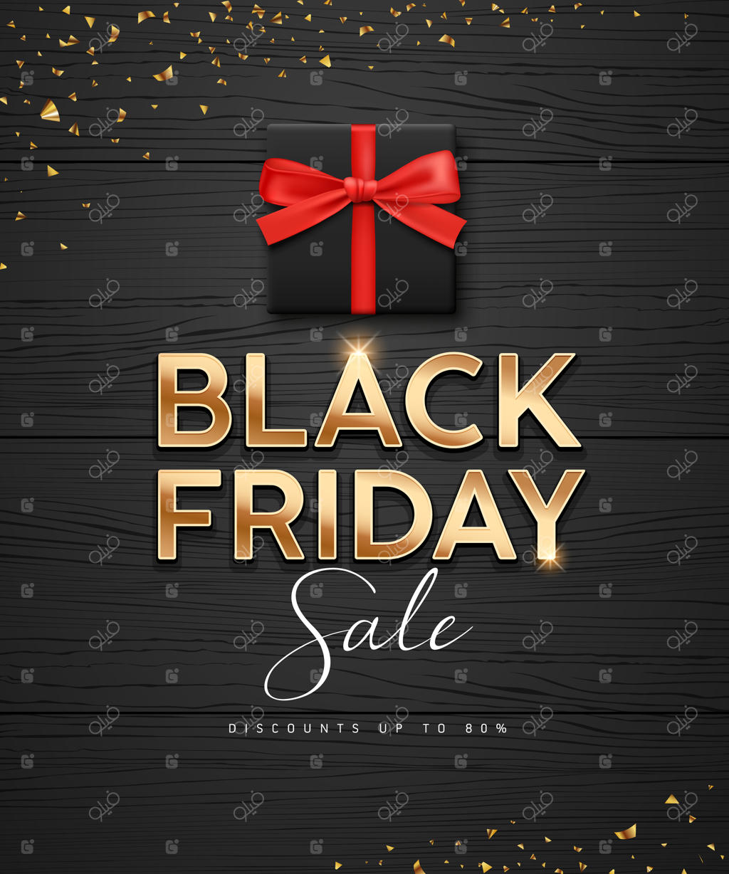 طراحی پوستر فروش ویژه جمعه سیاه با پیام طلایی و جعبه هدیه مشکی با روبان قرمز روی زمینه چوبی مشکی