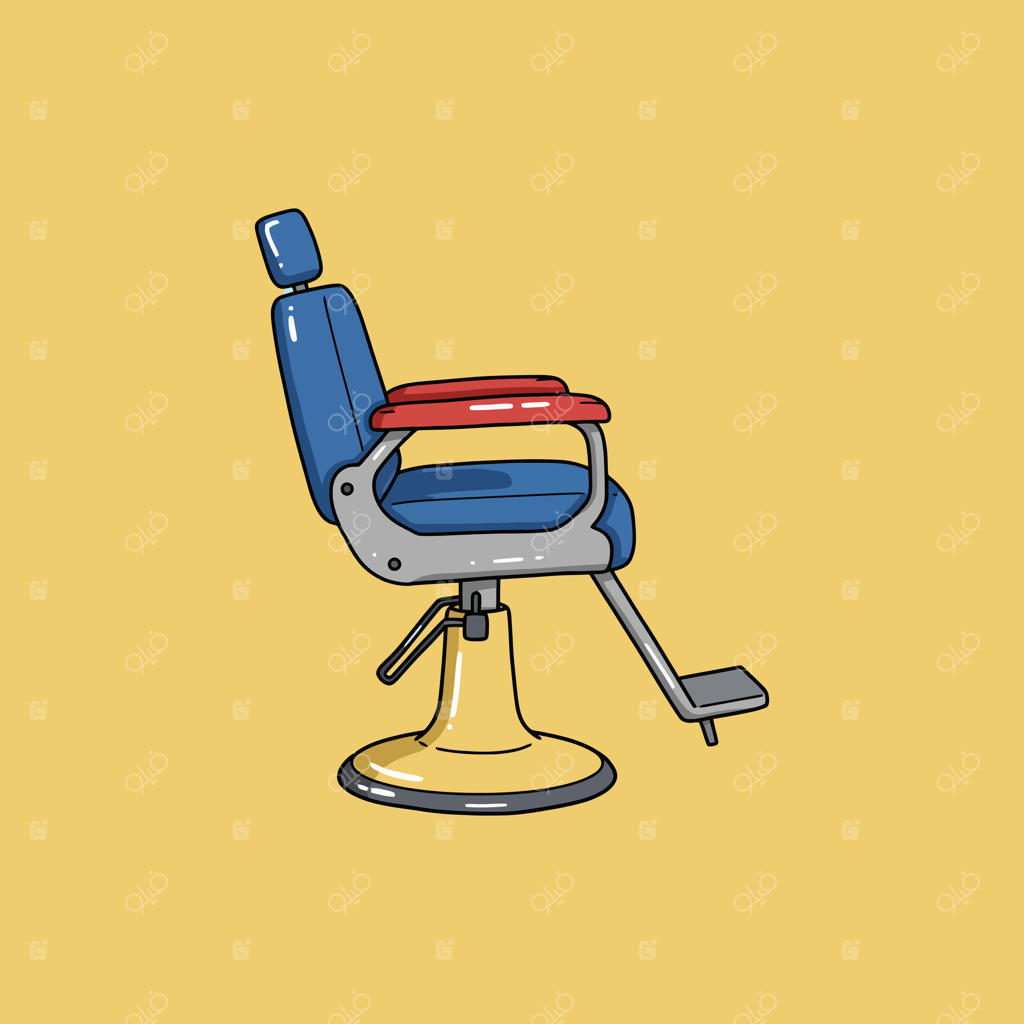 تصویری از یک صندلی کلاسیک آرایشگری با روکش آبی و دسته‌های قرمز.