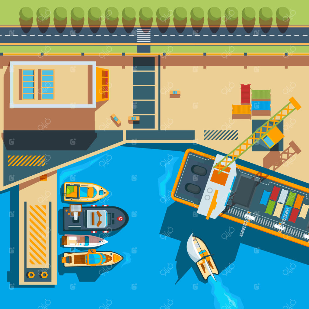 نمای بالا از کشتی‌ها: نقشه اسکله و بندرگاه قایق‌های باری در کنار دریا همراه با تصاویر کشتی‌ها