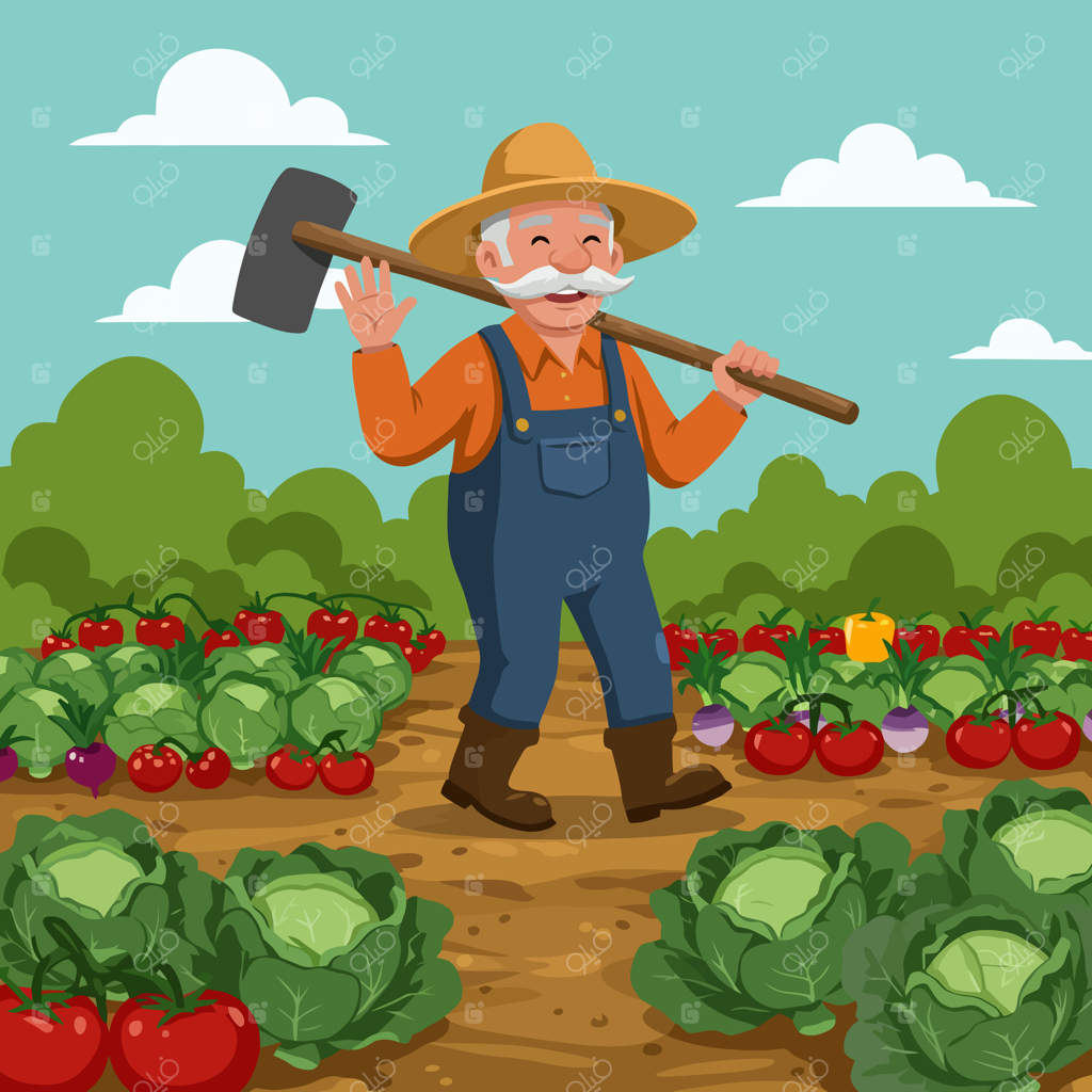 کشاورز مهربان در حال قدم زدن در باغچه سبزیجات با ابزاری روی شانه
