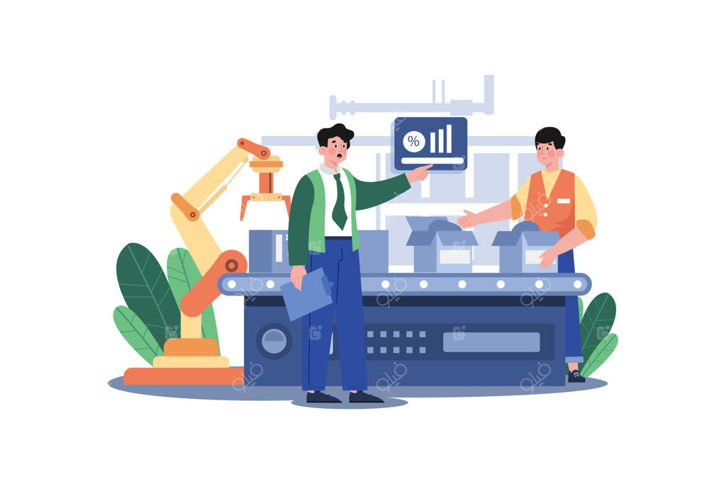 تصویرسازی مفهومی نظارت بر تولید در پس‌زمینه سفید