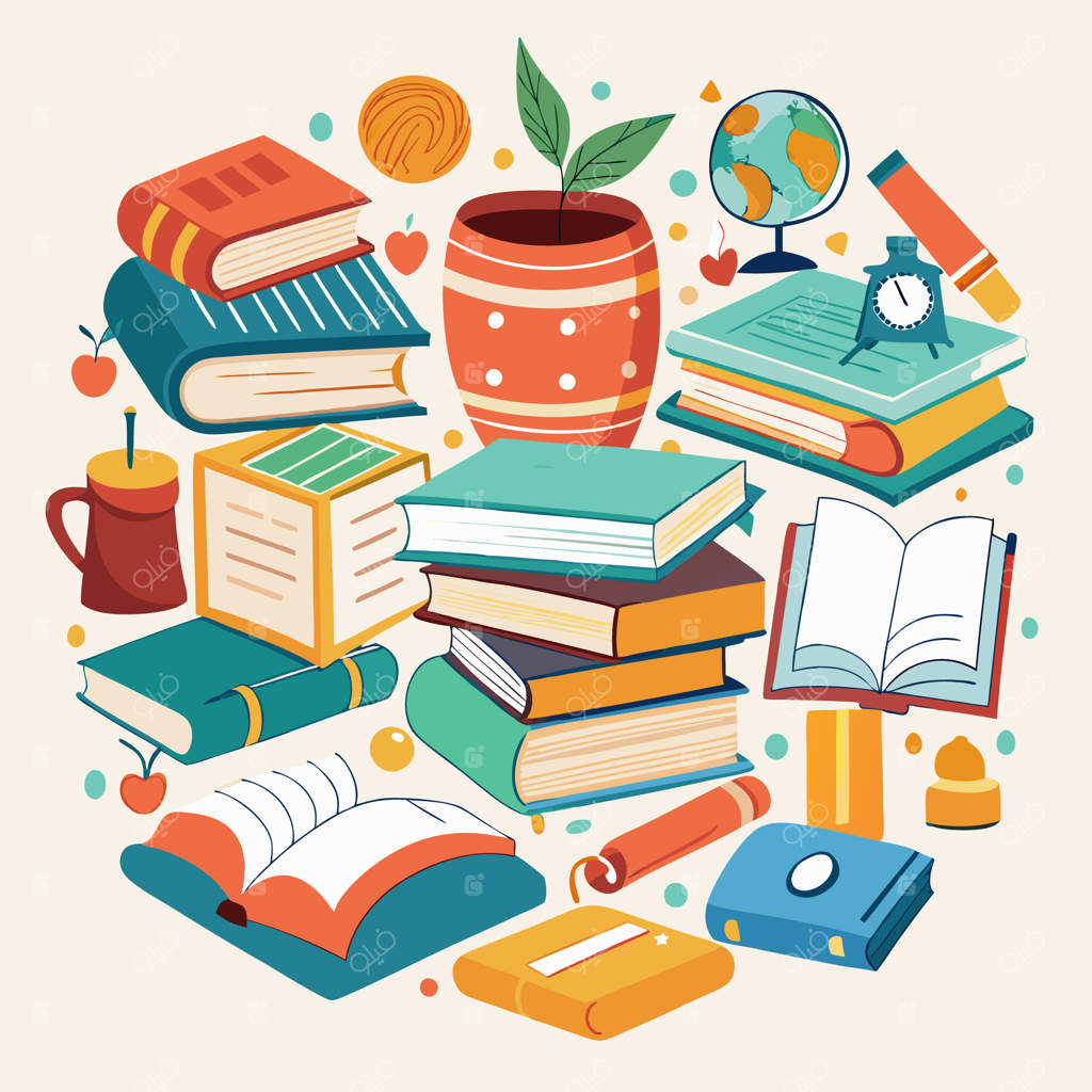 تصویرسازی خلاقانه و رنگارنگ آموزشی همراه با کتاب‌ها و لوازم‌التحریر مدرسه