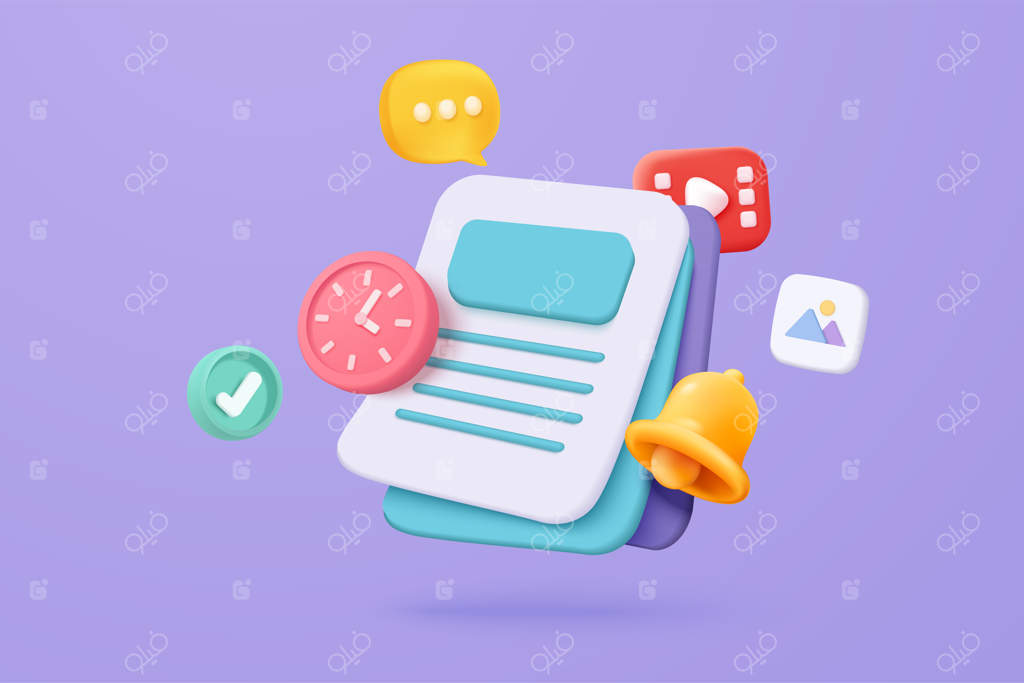 داده‌های رسانه‌ای سه‌بعدی با ویدئو و گالری عکس: جستجوی فایل‌های تصویری و ویدئویی در پایگاه‌داده مدیریت اسناد و فرم‌های نرم‌افزاری ترکیبی: مفهوم آیکون فایل سه‌بعدی وکتور و رندر ایلاستریشن