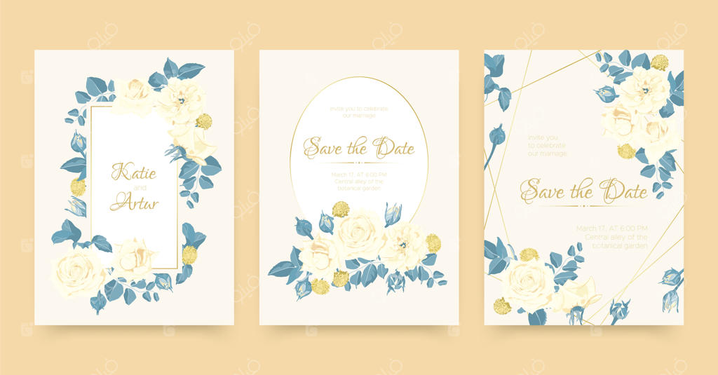 ست کارت‌های عروسی با گل‌های رز و شاخ‌وبرگ