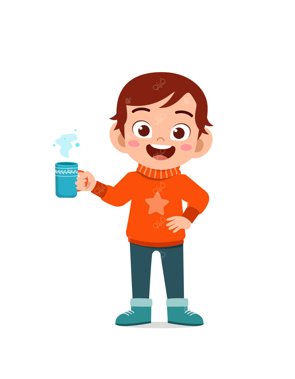 کودک بامزه و خوشحال در فصل زمستان شکلات داغ می‌نوشد