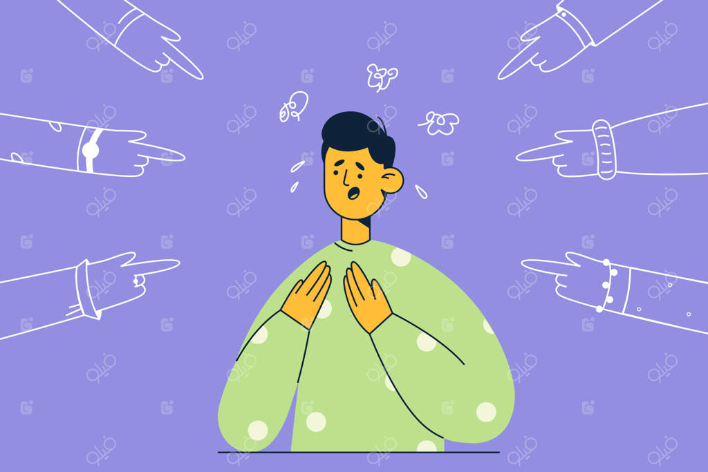 تصویر مردی ناراحت و مضطرب زیر فشار احساسات منفی و نگاه‌های انتقادی دیگران