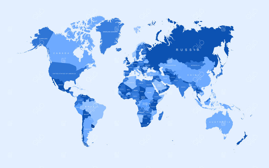 وکتور نقشه تخت جهان با مرزبندی کشورها و قاره‌ها، مناسب برای تجارت جهانی و گردشگری